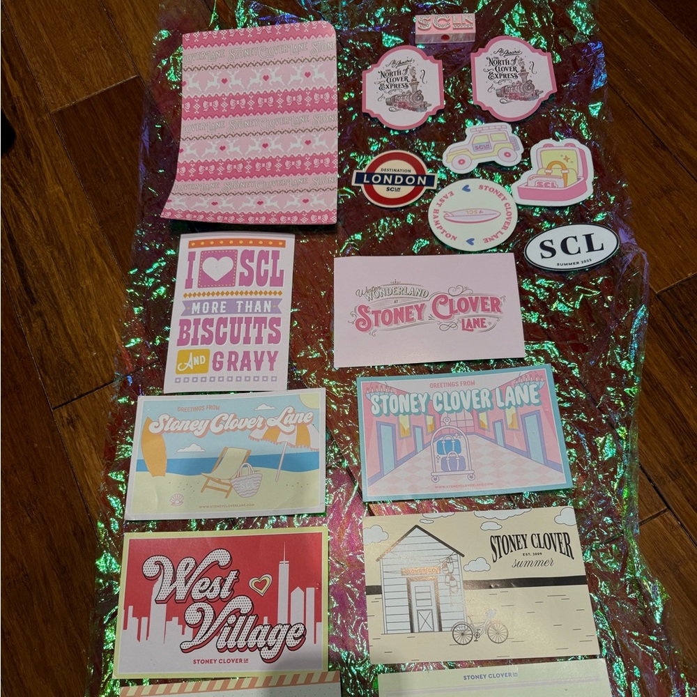 Stoney Clover Lane Straw topper / postcard and sticker lot